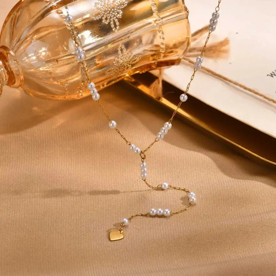 Y Shaped Pearl Necklace Gold