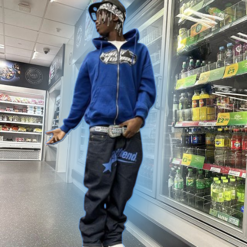 man wearing y2k blue colored outfit