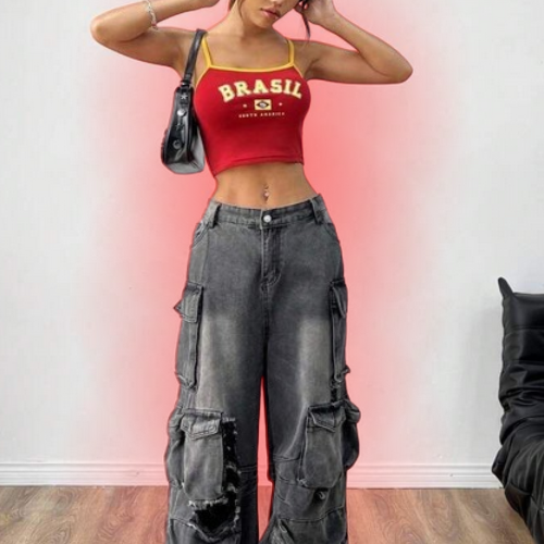 woman wearing y2k red crop top with cargo pants