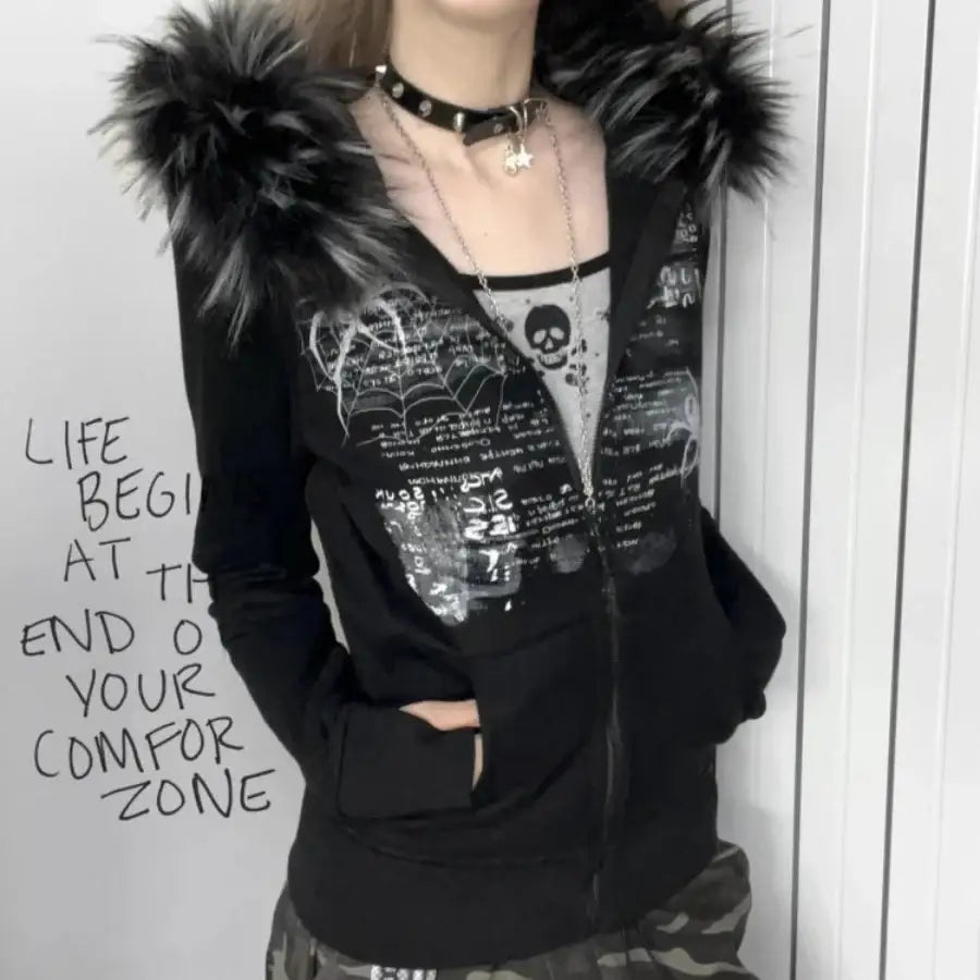 Zip Up Hoodie With Fur Hood - S