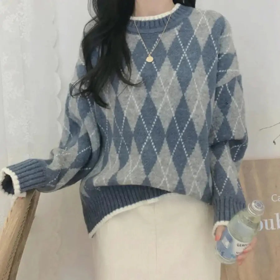 Argyle Pattern Sweater - Blue / One Size