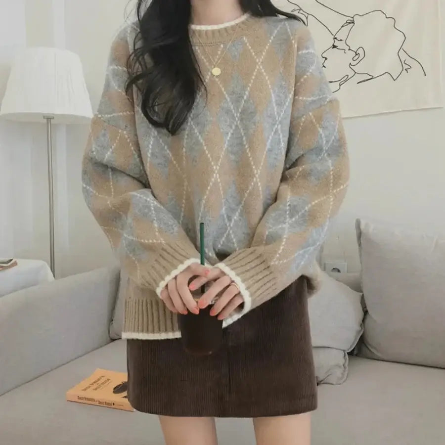 Argyle Pattern Sweater - Grey / One Size