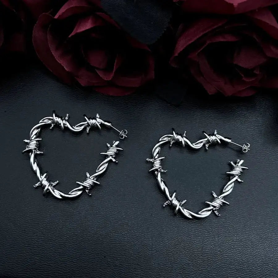 Barbed Wire Heart Earrings - Silver
