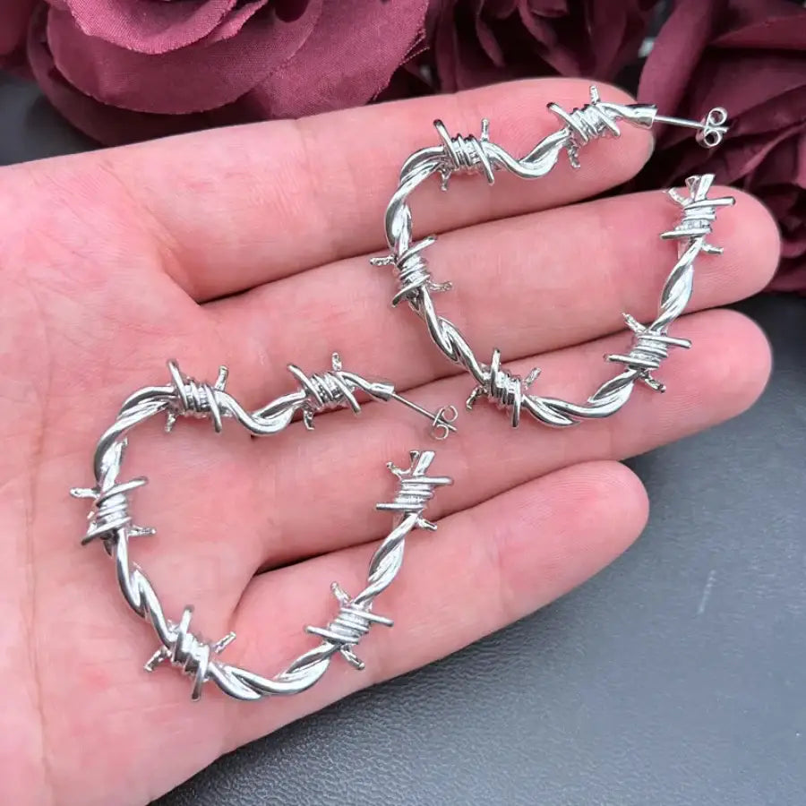 Barbed Wire Heart Earrings - Silver