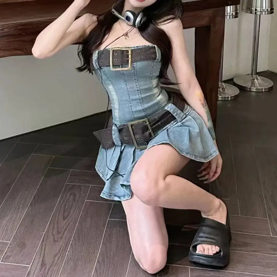 Belted Denim Dress - S