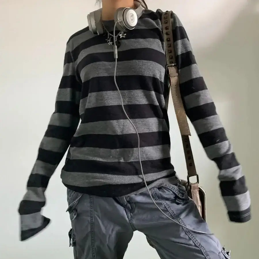 Black And Grey Striped Sweater - S