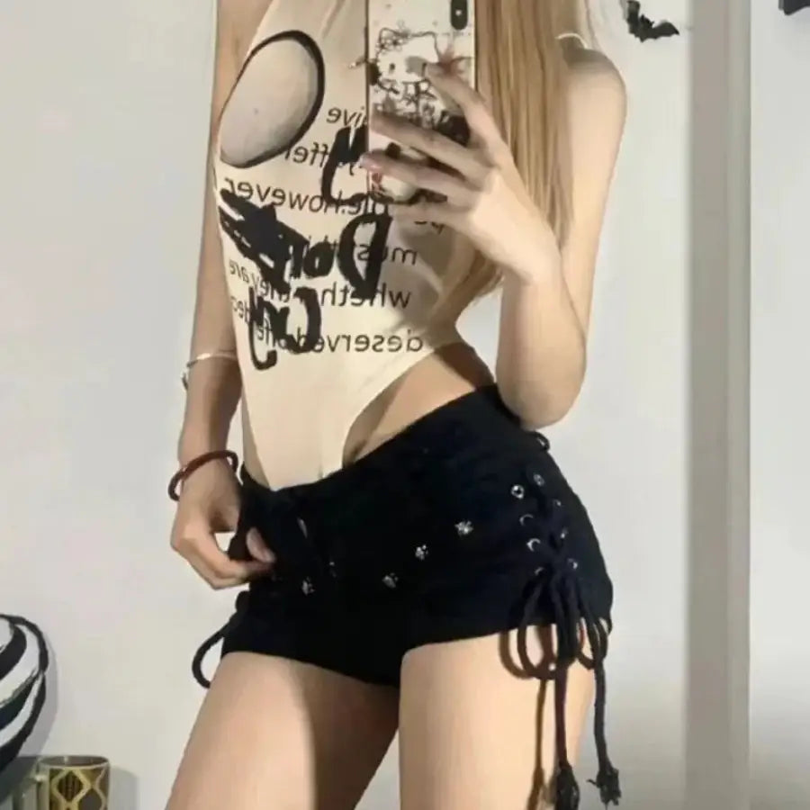 Black Lace Up Shorts - S