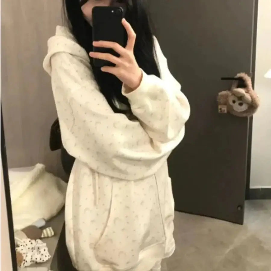 Bow And Flower Printed Hoodie - Beige and bows / S