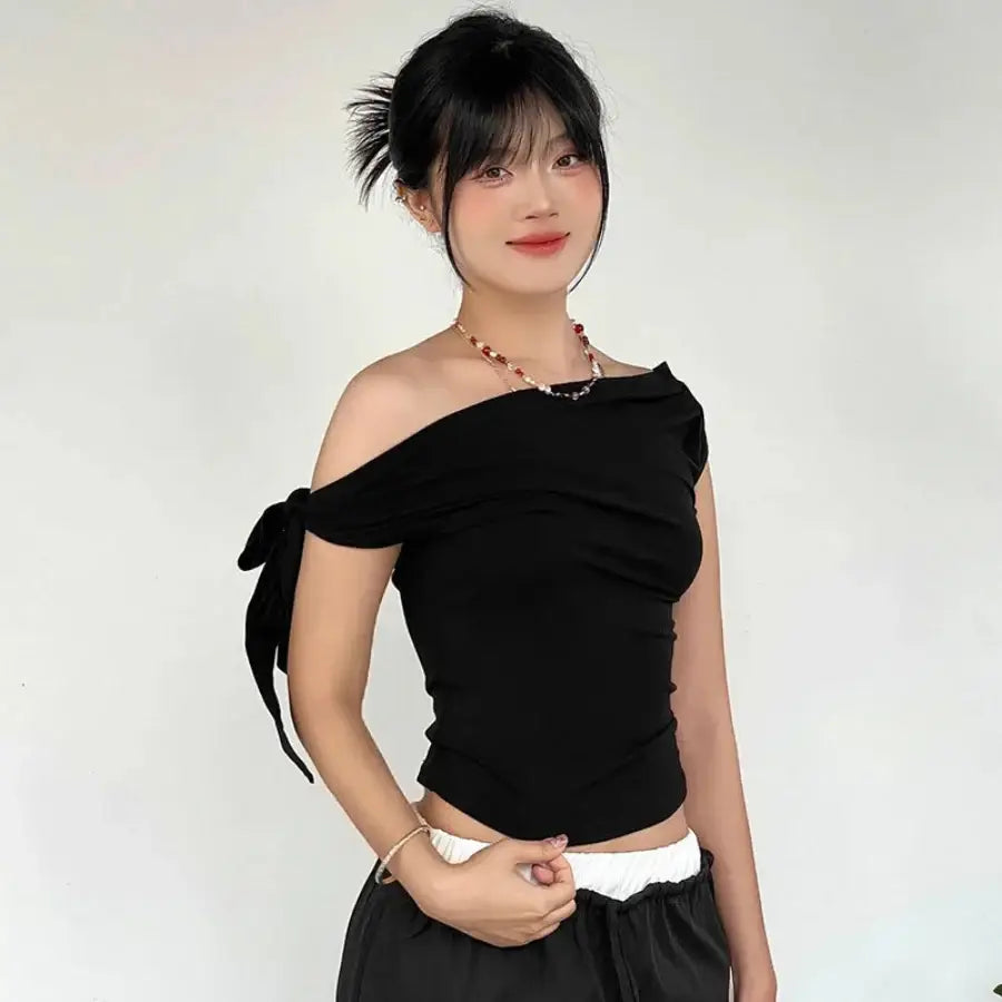 Bow One Shoulder Top - Black / S