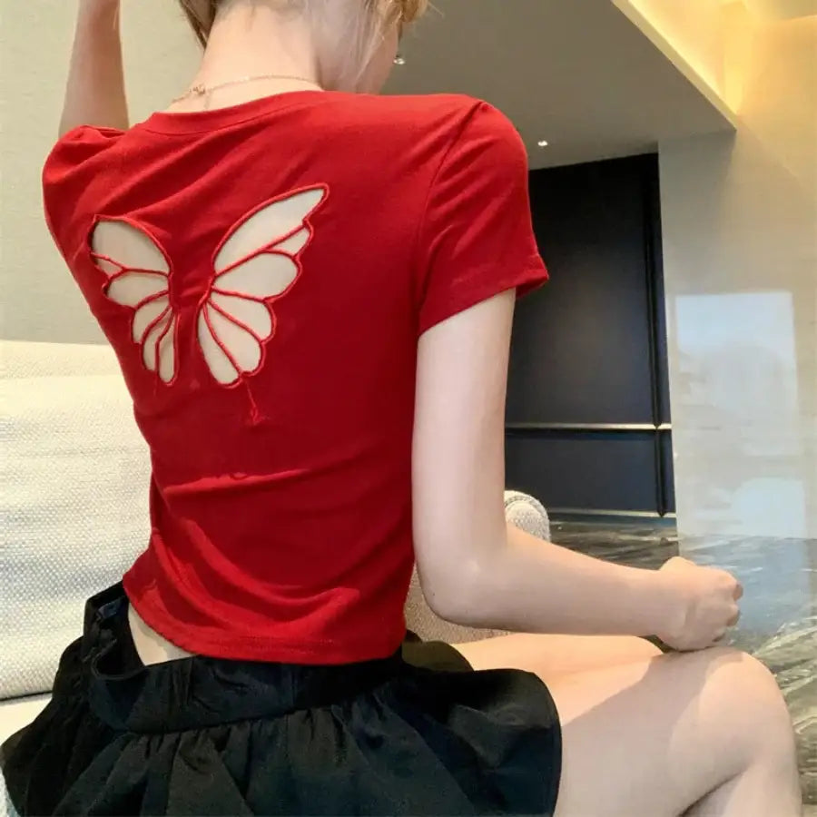 Butterfly Cut Out Shirt - Red / M