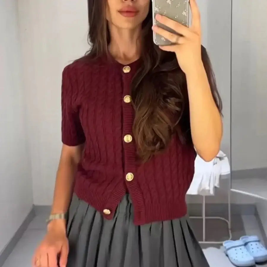 Cable Knit Button Down Sweater - Red / S