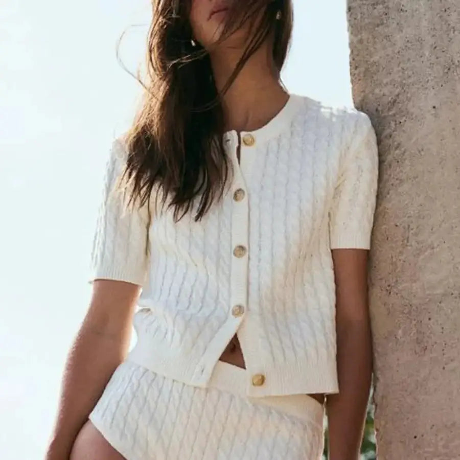 Cable Knit Button Down Sweater - White / S