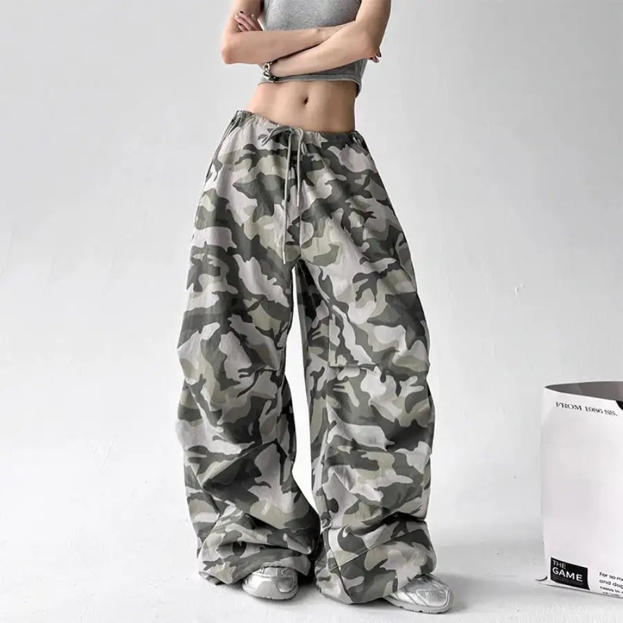 Camo Wide Leg Pants - Grey / S