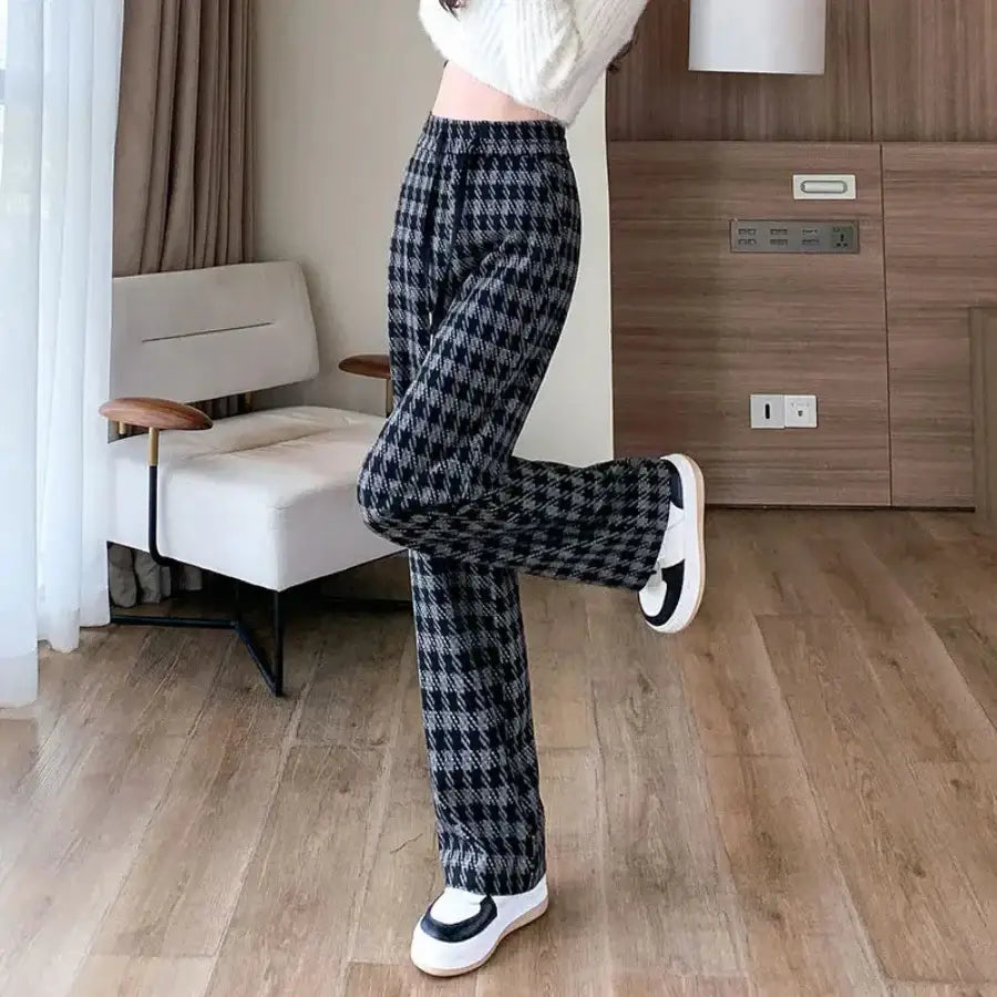 Checkered High Waisted Pants - Blue / S