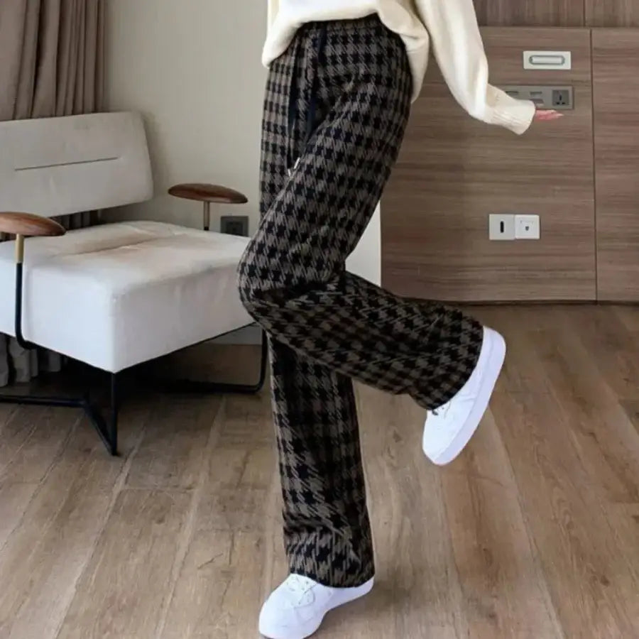 Checkered High Waisted Pants - Brown / S