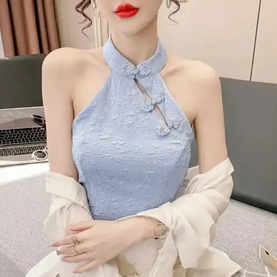 Cheongsam Crop Top - Blue / M