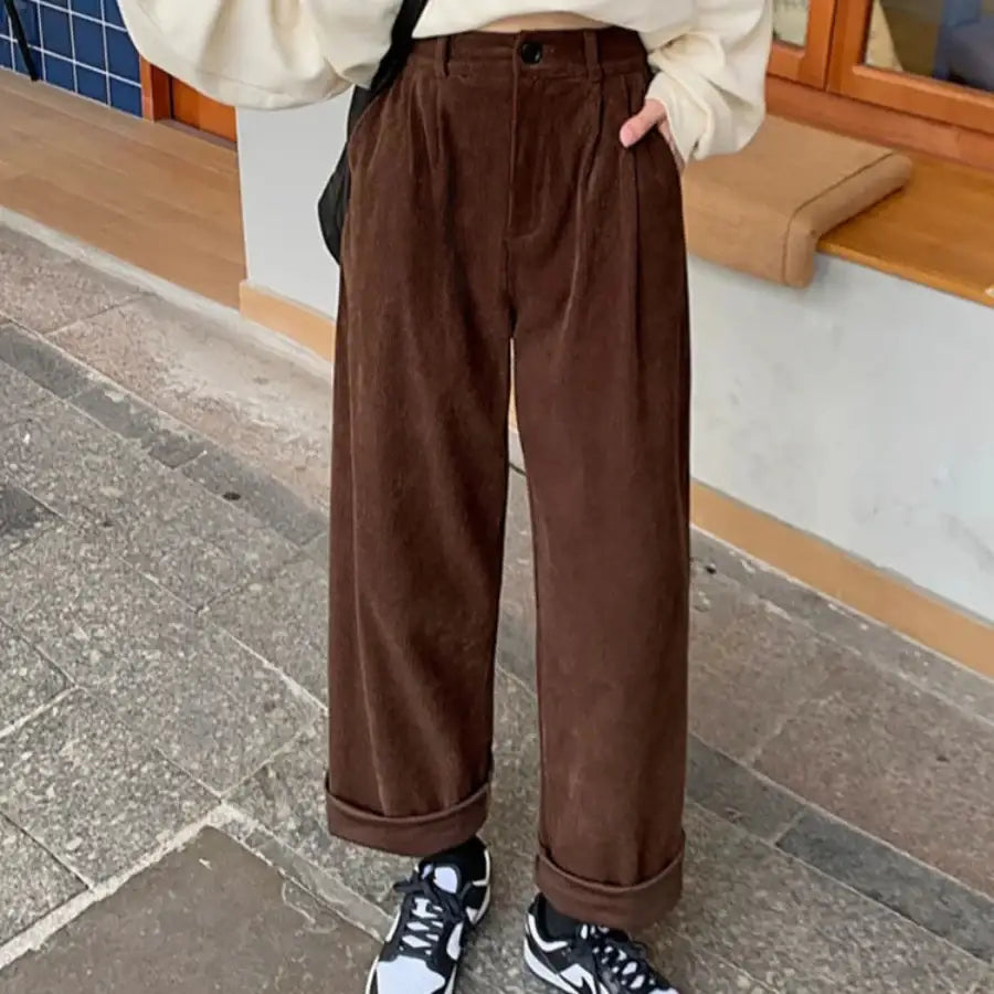 Corduroy Pants High Waisted - Brown / S
