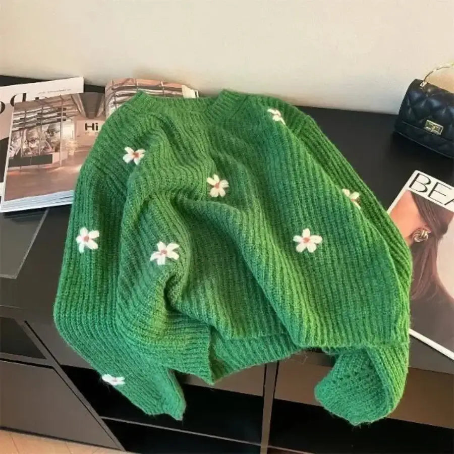 Crochet Flower Sweater - Green / S