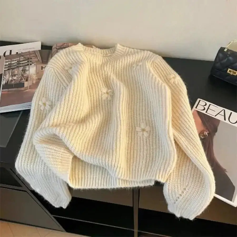 Crochet Flower Sweater - White / S