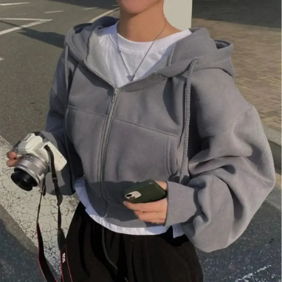 Cropped Hoodie Zip Up - Grey / S