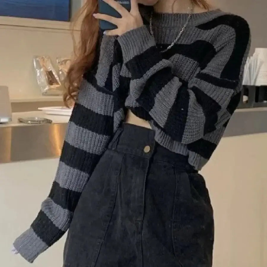 Cropped Striped Sweater - Black / S