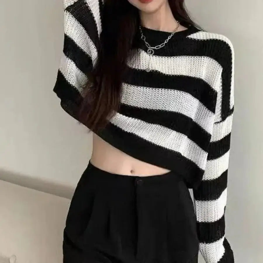 Cropped Striped Sweater - White / S