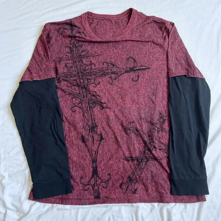 Cross Patchwork Long Sleeve Shirt