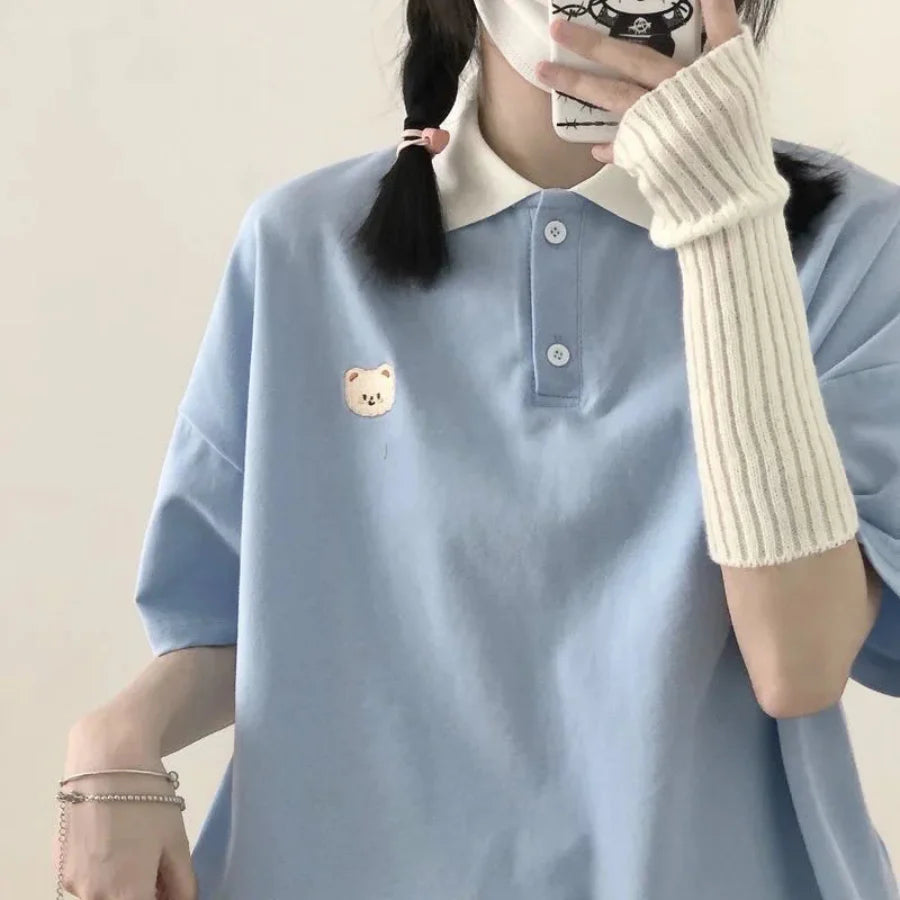 Cute embroidery bear shirt - Blue / S