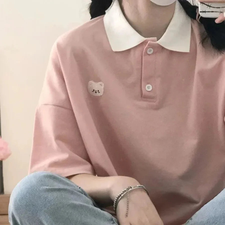 Cute embroidery bear shirt - Pink / S