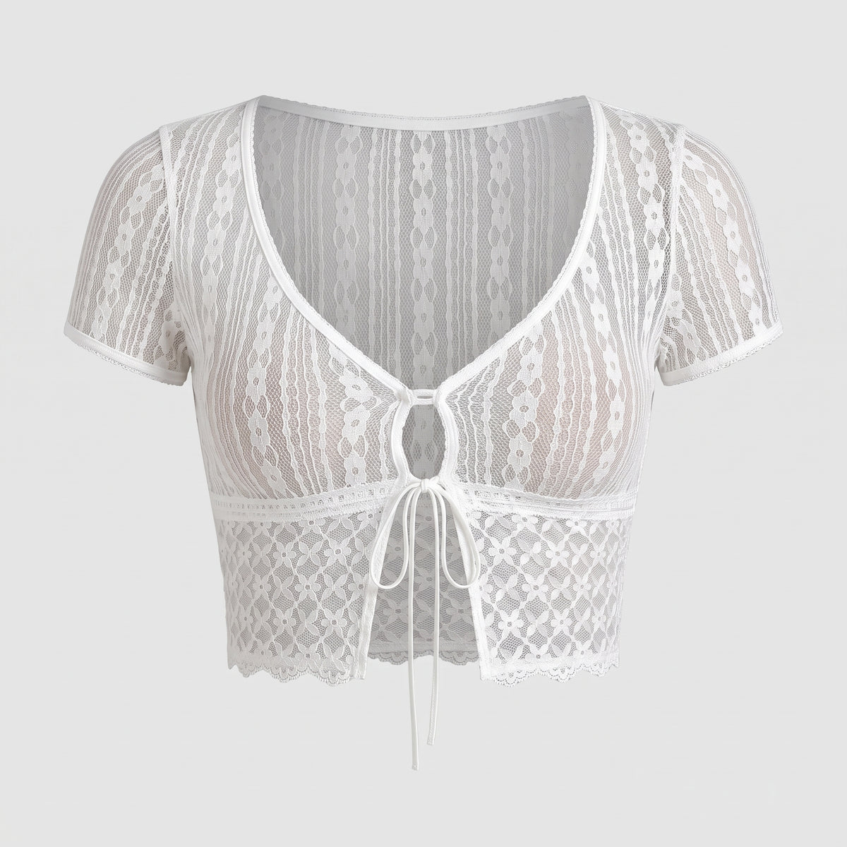 White lace V-neck crop top shown on an invisible mannequin, front view