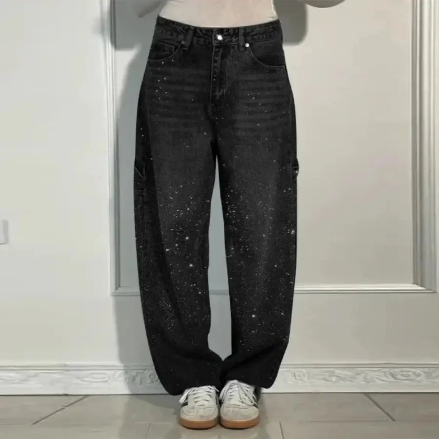 Denim Jeans With Rhinestones - Black / XS