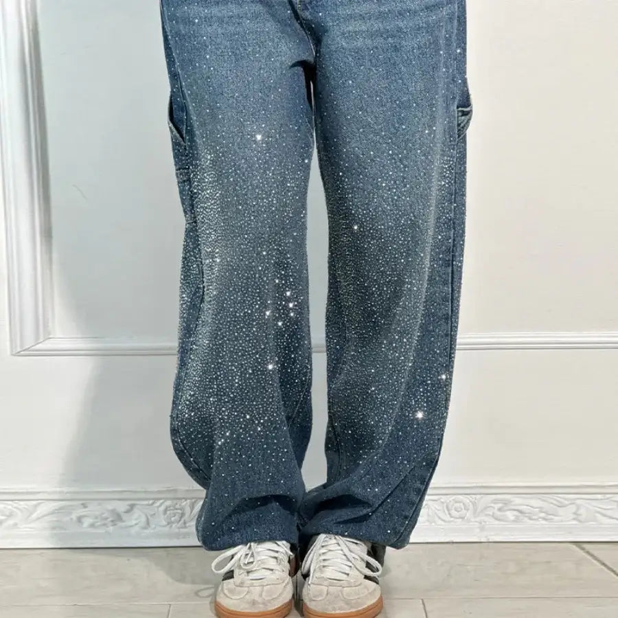 Denim Jeans With Rhinestones - Dark Blue / XS