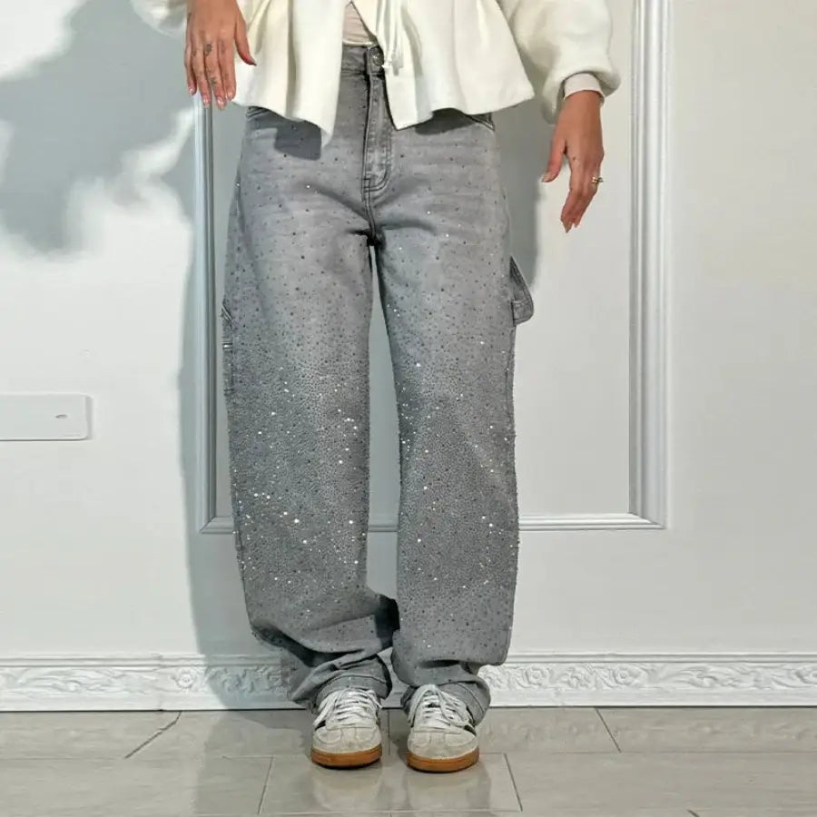 Denim Jeans With Rhinestones - Grey / XS