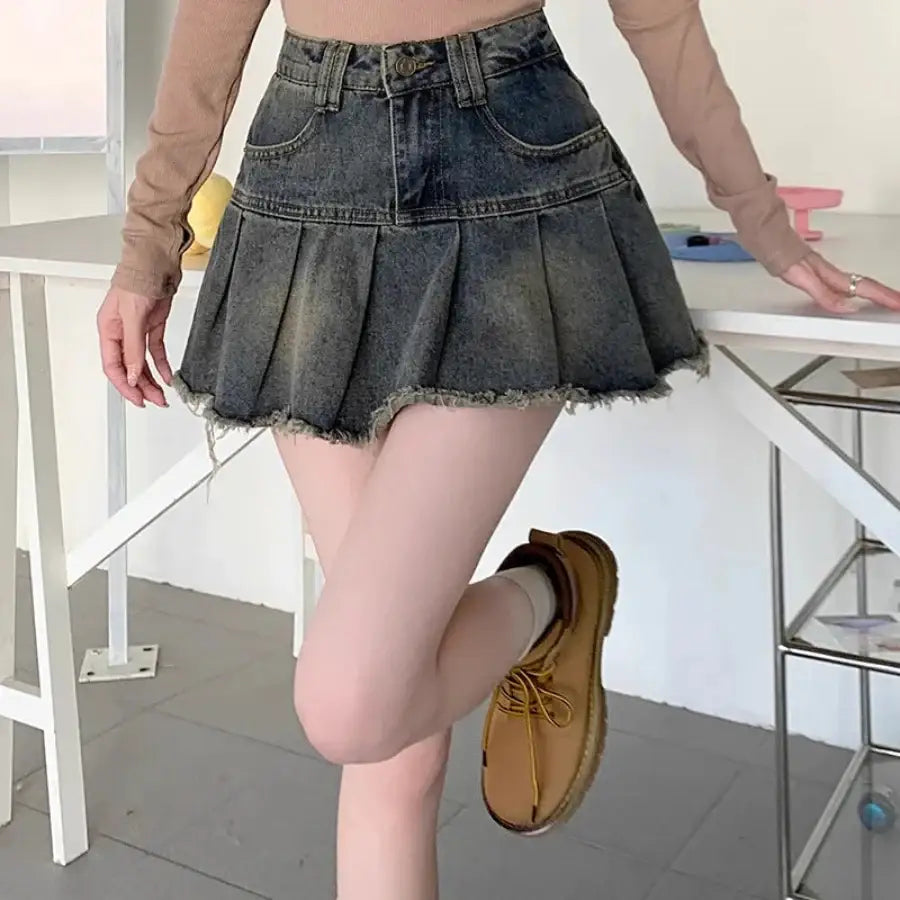 Denim Pleated Skirt