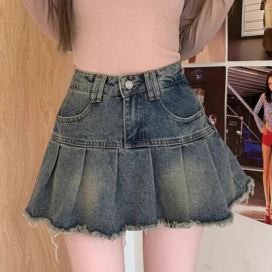 Denim Pleated Skirt
