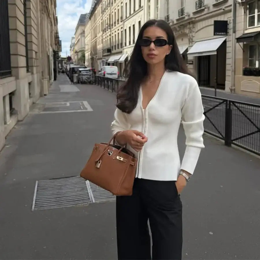 Double Zip Sweater - White / S