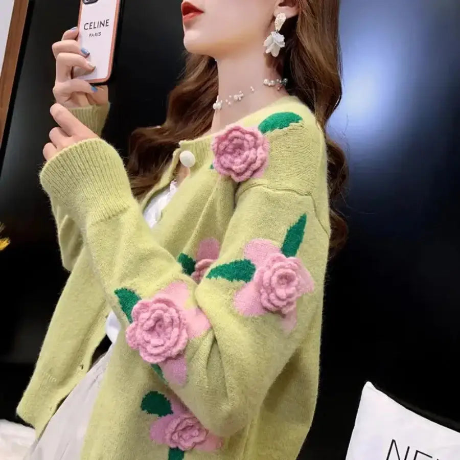 Embroidered Floral Cardigan - Green