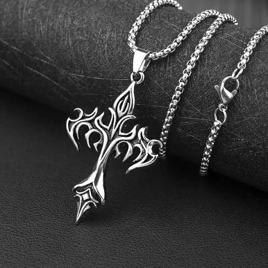 Flame Cross Necklace - Silver