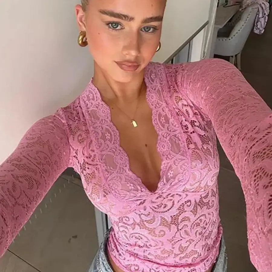 Flare Sleeve Lace Top - Pink / S
