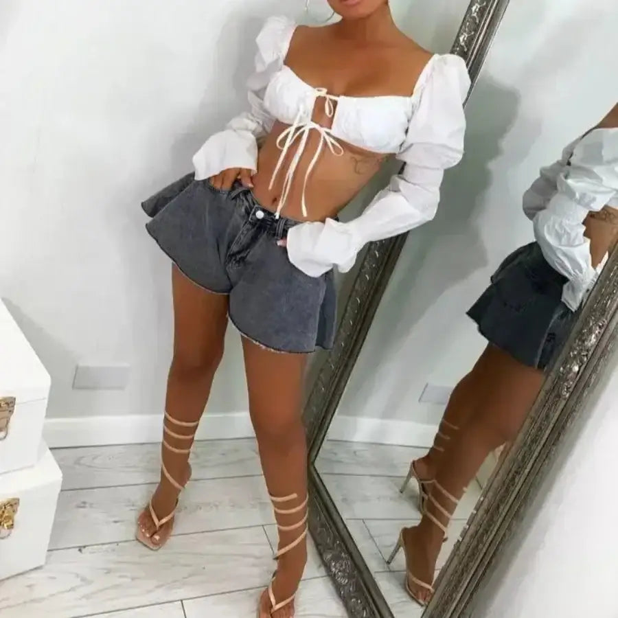 Flared Denim Shorts - Grey / S