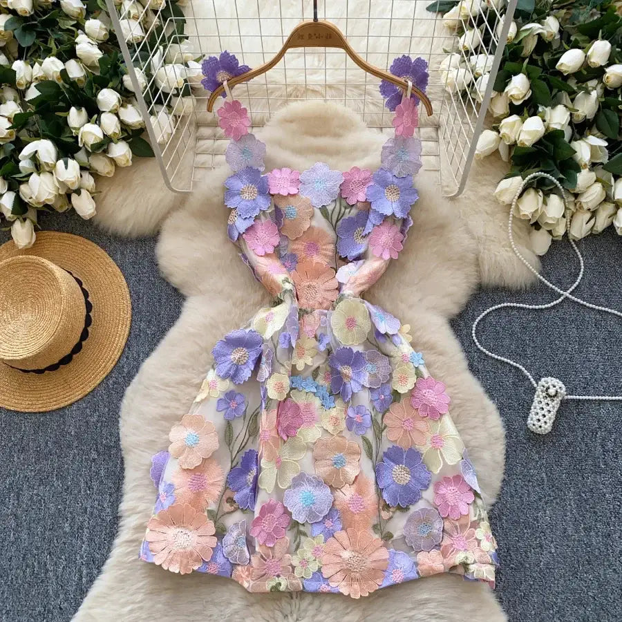 Floral Embroidery Dress Purple / S