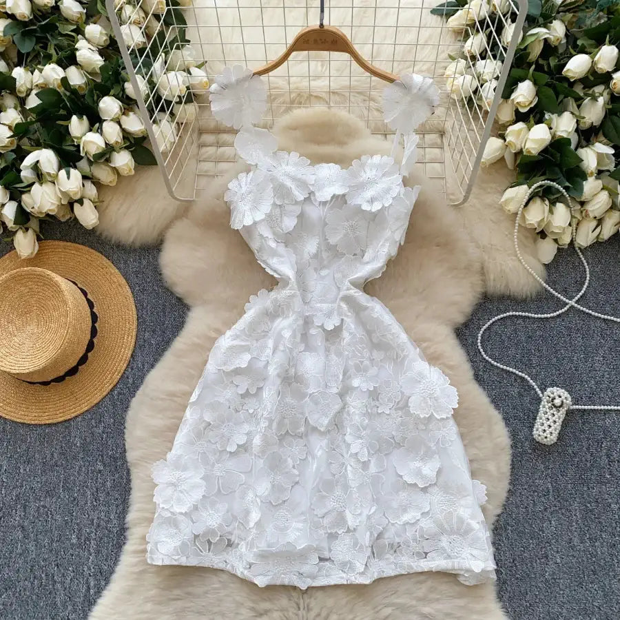 Floral Embroidery Dress White / S