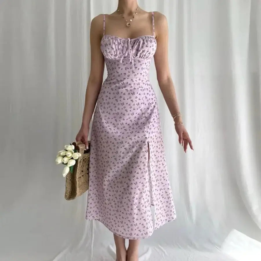 Flower Print Long Dress - Purple / S