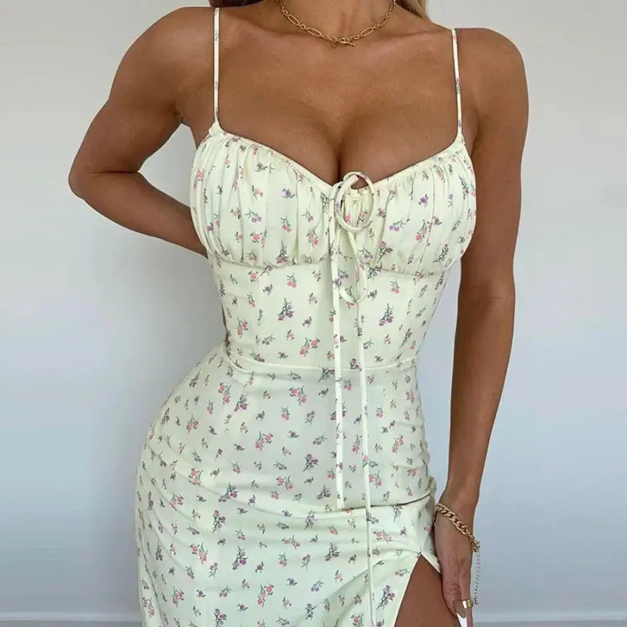 Flower Print Long Dress - Yellow / S