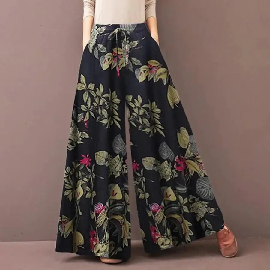 Flower Wide Leg Pants - Dark Blue / S