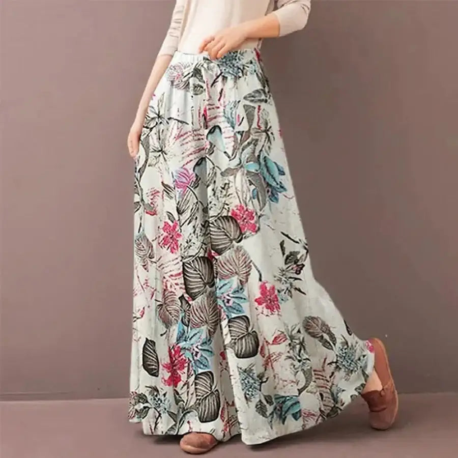 Flower Wide Leg Pants - White / S
