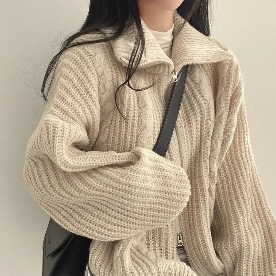 Full Zip Knit Sweater Beige / L