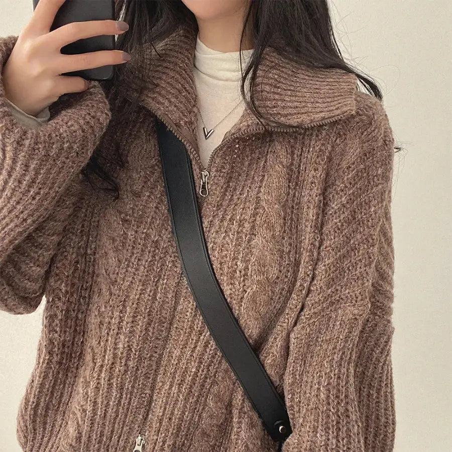 Full Zip Knit Sweater Brown / S