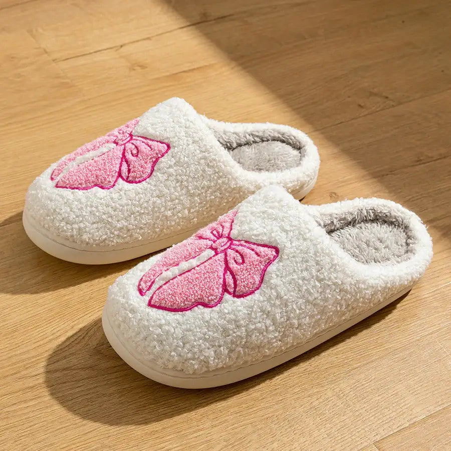 Fuzzy Bow Slippers - Pink / 6