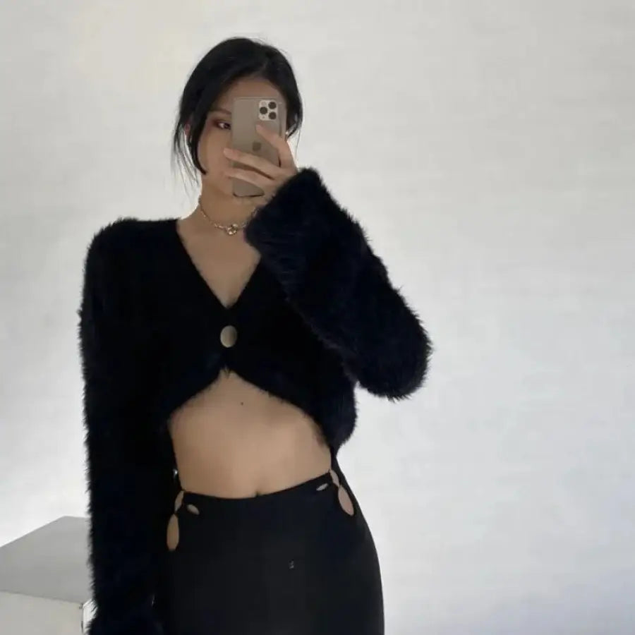 Fuzzy Cropped Cardigan - Black / S
